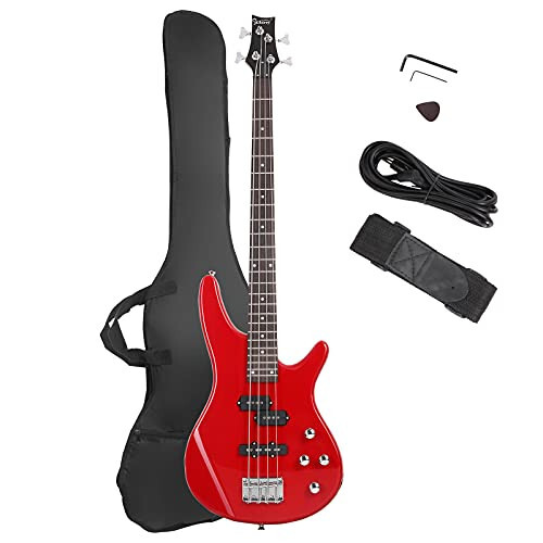 GLARRY Electric Bass Guitar Full Size 4 String Exquisite Stylish Bass with Power Line, Bag and Wrench Tool (Red) - 1