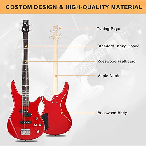 GLARRY Electric Bass Guitar Full Size 4 String Exquisite Stylish Bass with Power Line, Bag and Wrench Tool (Red) - 2