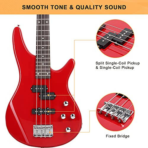 GLARRY Electric Bass Guitar Full Size 4 String Exquisite Stylish Bass with Power Line, Bag and Wrench Tool (Red) - 4