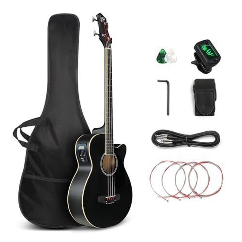 GLARRY Full Size Acoustic Electric Bass Guitar Beginner Kit, Cutaway 4 Strings Electric Acoustic Bass Guitar w/Inbuilt Tuner, Bag, Strap, Picks, Strings, Basswood Bass Guitarra, Matte Black - 1