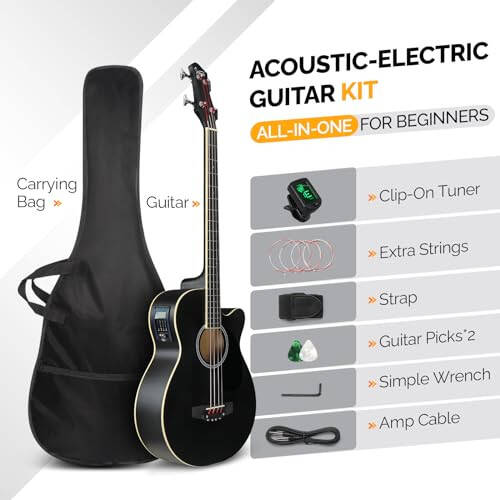 GLARRY Full Size Acoustic Electric Bass Guitar Beginner Kit, Cutaway 4 Strings Electric Acoustic Bass Guitar w/Inbuilt Tuner, Bag, Strap, Picks, Strings, Basswood Bass Guitarra, Matte Black - 2