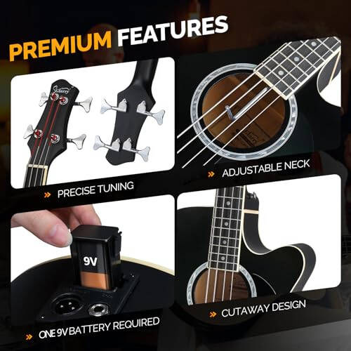 GLARRY Full Size Acoustic Electric Bass Guitar Beginner Kit, Cutaway 4 Strings Electric Acoustic Bass Guitar w/Inbuilt Tuner, Bag, Strap, Picks, Strings, Basswood Bass Guitarra, Matte Black - 4