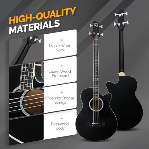 GLARRY Full Size Acoustic Electric Bass Guitar Beginner Kit, Cutaway 4 Strings Electric Acoustic Bass Guitar w/Inbuilt Tuner, Bag, Strap, Picks, Strings, Basswood Bass Guitarra, Matte Black - 5