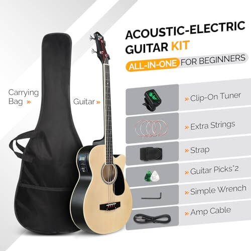 GLARRY Full Size Acoustic Electric Bass Guitar Beginner Kit, Cutaway 4 Strings Electric Acoustic Bass Guitar w/Inbuilt Tuner, Bag, Strap, Picks, Strings, Basswood Bass Guitarra, Matte Natural - 2