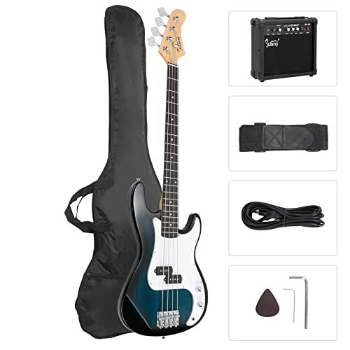 GLARRY Full Size Electric Bass Guitar with 20W AMP, 4 String Beginner Starter Kit with Accessories including Cable, Strap, Bag for Kids and Adults (Dark blue) - 1