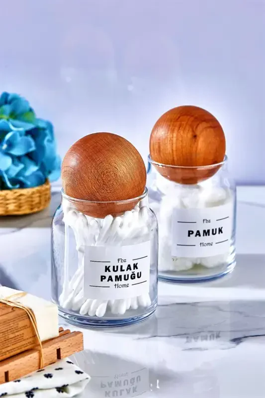 Glass Decorative Ball Lidded Cotton Swab and Cotton Jar 300 Ml - 1
