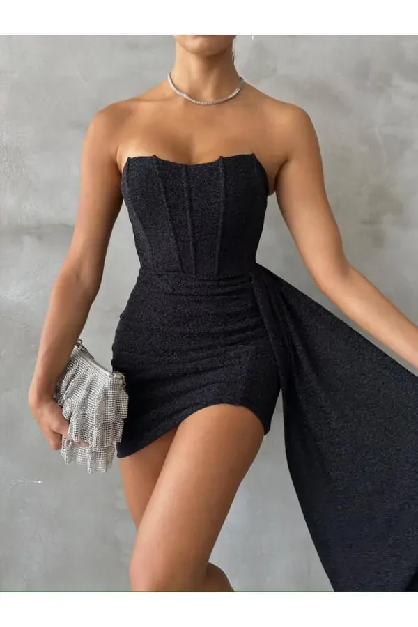 Glimmering Sequin Fabric Detailed Mini Prom Dress with Tapestry Texture - Prom and Graduation Dresses - 1