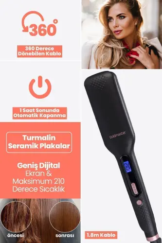 Gliss Dijital Ekranlı Seramik Geniş Plakalı 360 Derece Dönebilir Kablo Iyonik Saç Düzleştirici - siyah - 1