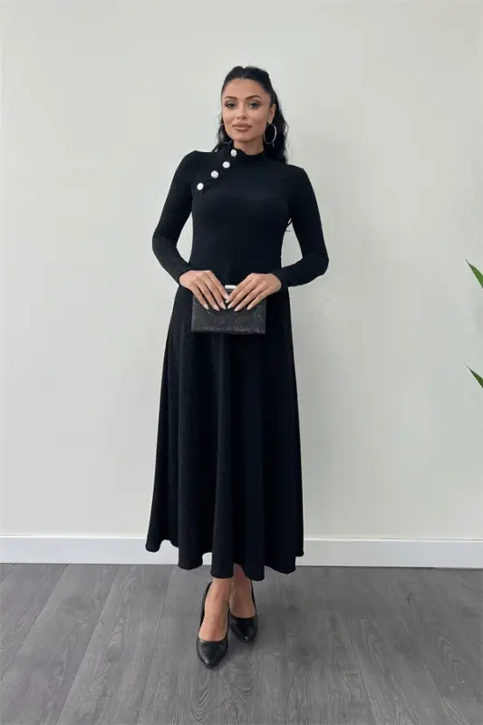 Glitter Crepe Fabric Button Detailed Midi Dress - BLACK - BÜYÜKBEDENIZ