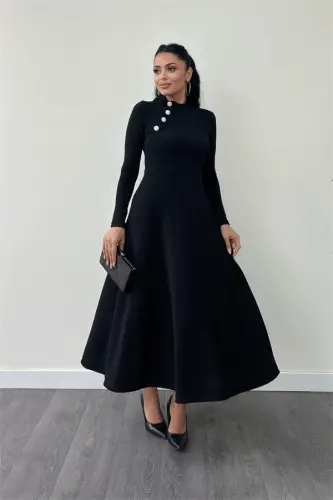 Glitter Crepe Fabric Button Detailed Midi Dress - BLACK - BÜYÜKBEDENIZ (1)