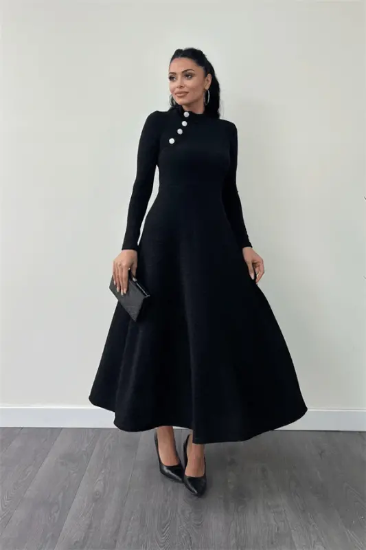 Glitter Crepe Fabric Button Detailed Midi Dress - BLACK - 2