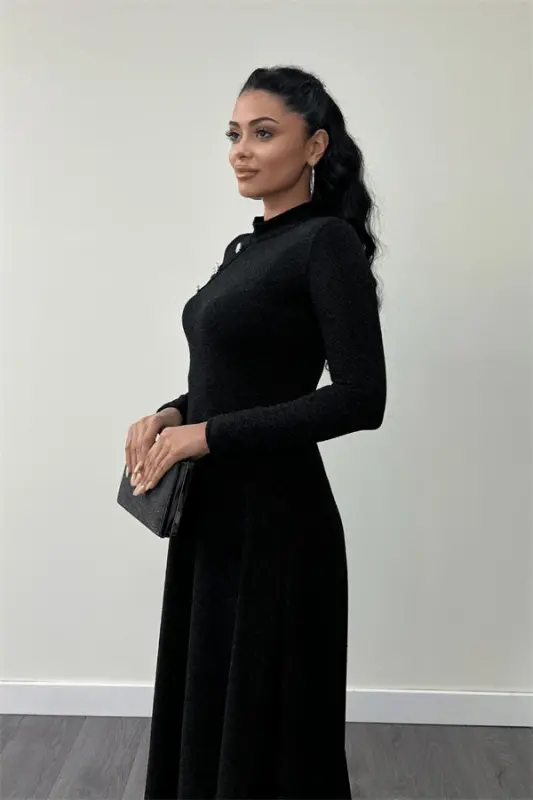 Glitter Crepe Fabric Button Detailed Midi Dress - BLACK - 4