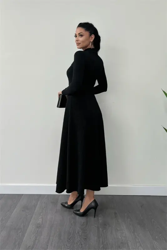 Glitter Crepe Fabric Button Detailed Midi Dress - BLACK - 5