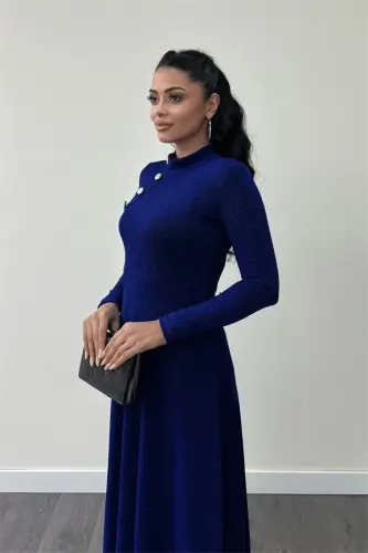 Glitter Crepe Fabric Button Detailed Midi Dress - SAXE BLUE - 3