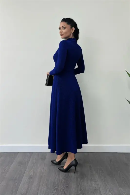 Glitter Crepe Fabric Button Detailed Midi Dress - SAXE BLUE - 5
