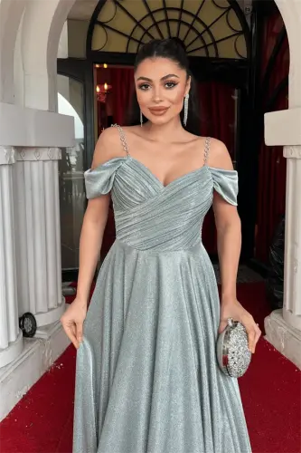 Glitter Crepe Fabric Ruched Strap Evening Dress - MINT GREEN - 3