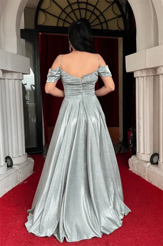 Glitter Crepe Fabric Ruched Strap Evening Dress - MINT GREEN - 5