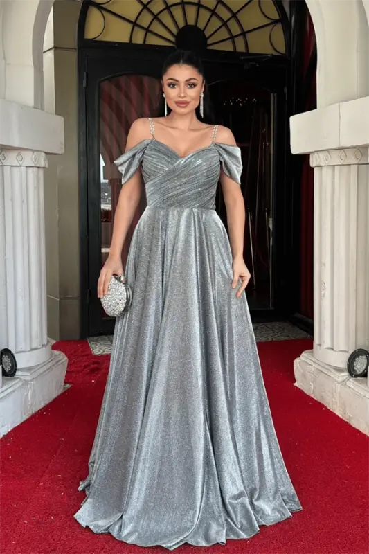 Glitter Crepe Fabric Ruched Strap Evening Dress - SILVER - BÜYÜKBEDENIZ