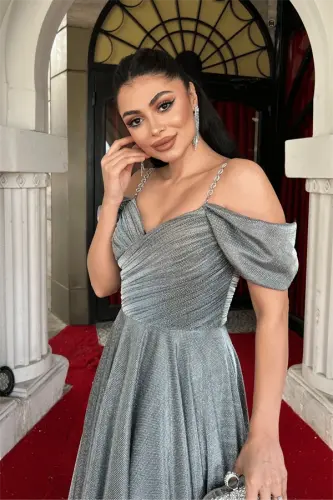 Glitter Crepe Fabric Ruched Strap Evening Dress - SILVER - 4