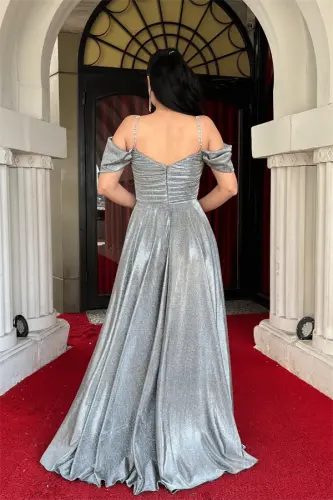 Glitter Crepe Fabric Ruched Strap Evening Dress - SILVER - 5