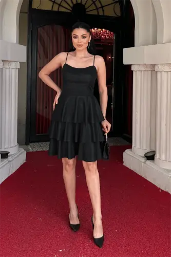 Glitter Fabric Back Strappy Mini Dress - BLACK - 1