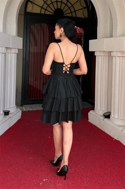 Glitter Fabric Back Strappy Mini Dress - BLACK - 5