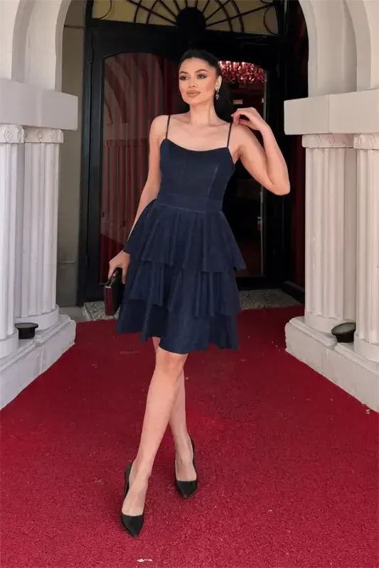 Glitter Fabric Back Strappy Mini Dress - NAVY BLUE - 2