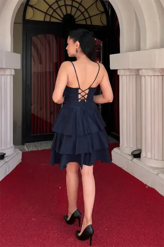 Glitter Fabric Back Strappy Mini Dress - NAVY BLUE - 5