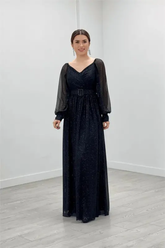 Glitter Fabric Belted Evening Dress - BLACK - BÜYÜKBEDENIZ