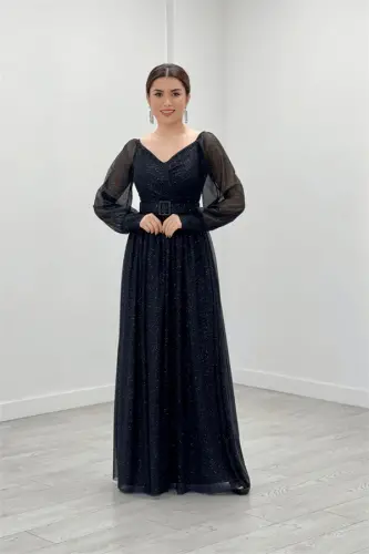 Glitter Fabric Belted Evening Dress - BLACK - BÜYÜKBEDENIZ (1)