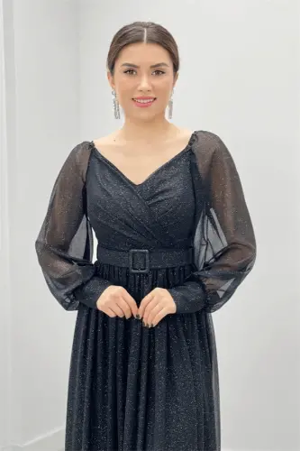 Glitter Fabric Belted Evening Dress - BLACK - 3