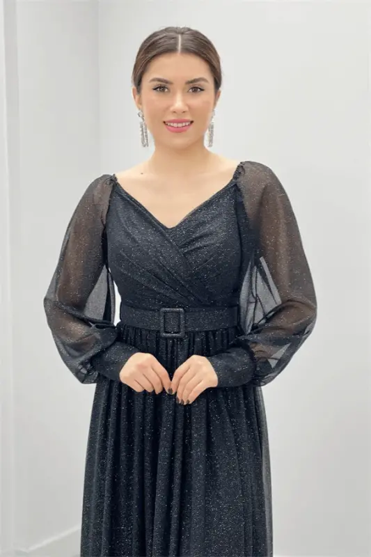 Glitter Fabric Belted Evening Dress - BLACK - 3