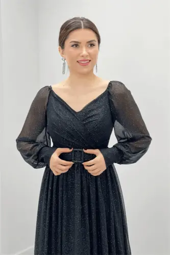 Glitter Fabric Belted Evening Dress - BLACK - 4