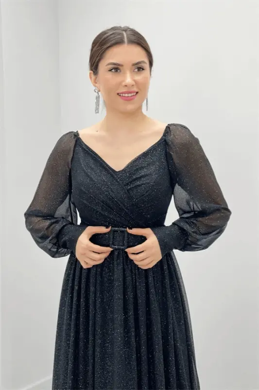 Glitter Fabric Belted Evening Dress - BLACK - 4