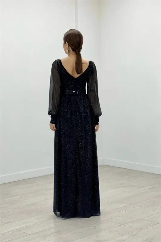 Glitter Fabric Belted Evening Dress - BLACK - 5