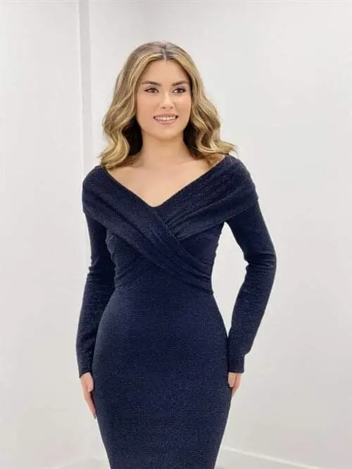 Glitter Fabric Boat Neck Fish Dress - BLACK - 3