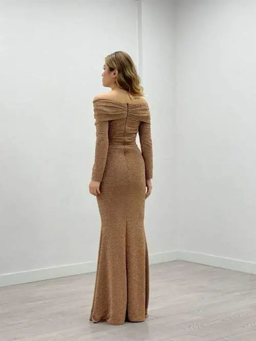 Glitter Fabric Boat Neck Fish Dress - GOLD - 5