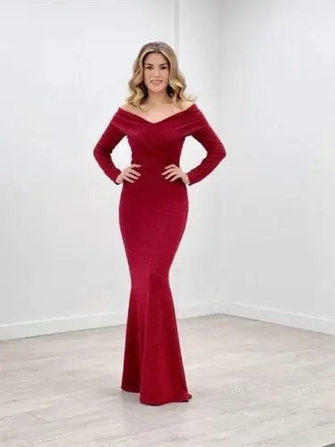 Glitter Fabric Boat Neck Fish Dress - RED - 1