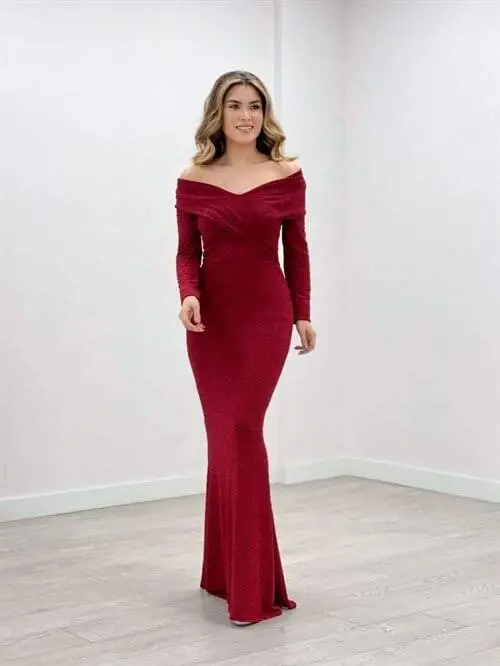 Glitter Fabric Boat Neck Fish Dress - RED - 2