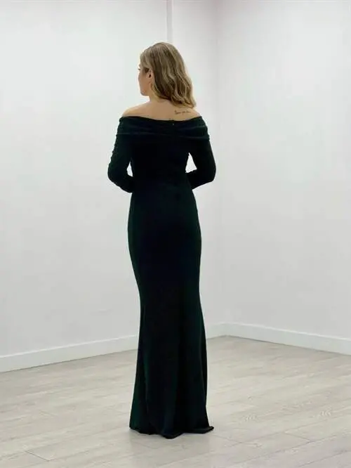 Glitter Fabric Boat Neck Fishtail Dress - EMERALD GREEN - 5