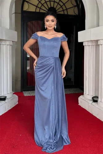 Glitter Fabric Boned Detailed Evening Dress - INDIGO BLUE - 1