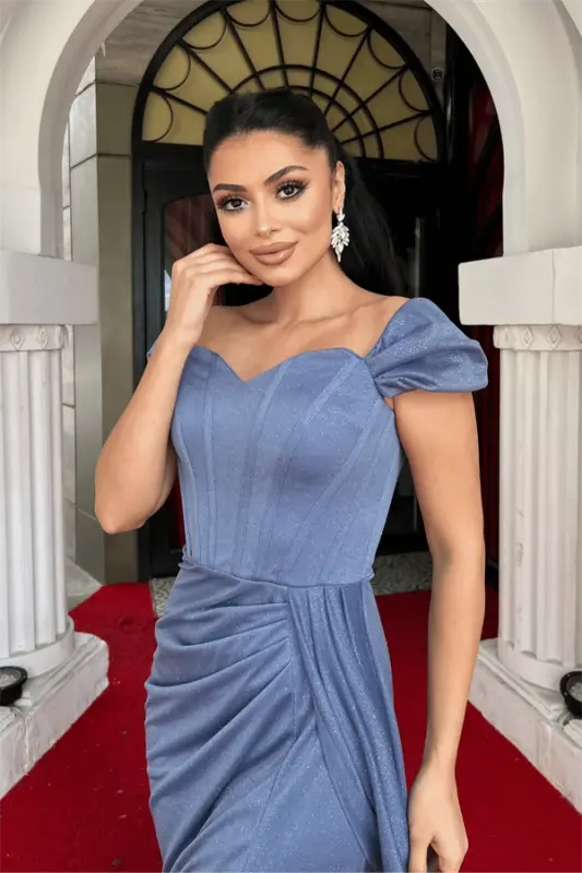 Glitter Fabric Boned Detailed Evening Dress - INDIGO BLUE - 4