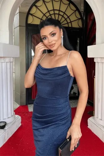 Glitter Fabric Draped Neck Evening Dress - NAVY BLUE - 3