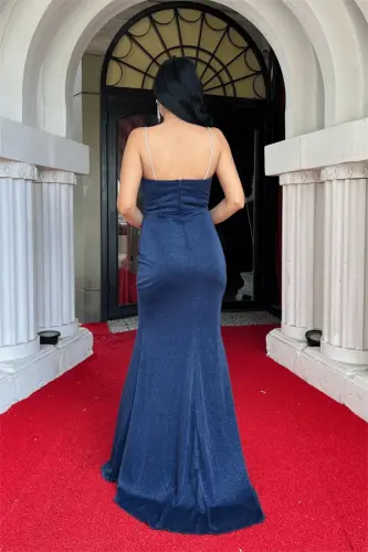 Glitter Fabric Draped Neck Evening Dress - NAVY BLUE - 5