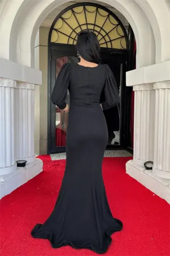 Glitter Fabric Fish Model Flounce Detailed Evening Dress - BLACK - 5