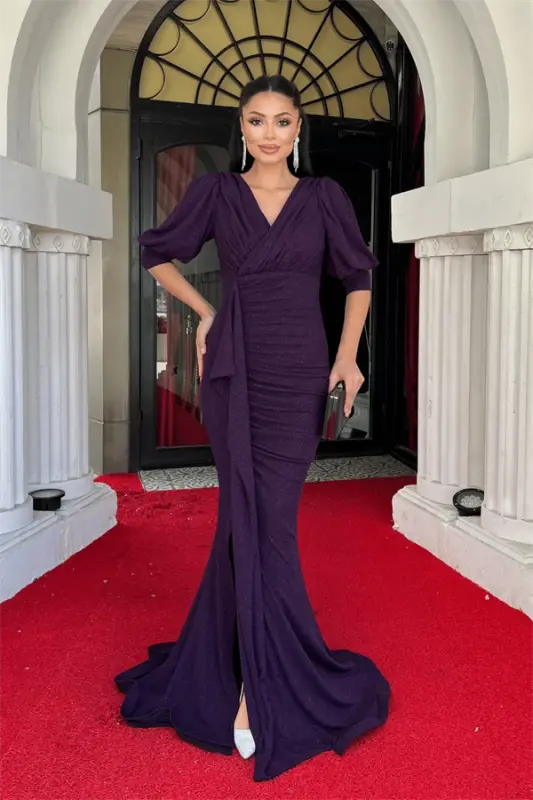 Glitter Fabric Fish Model Flounce Detailed Evening Dress - EGGPLANT PURPLE - BÜYÜKBEDENIZ