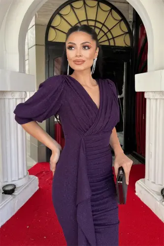 Glitter Fabric Fish Model Flounce Detailed Evening Dress - EGGPLANT PURPLE - 3