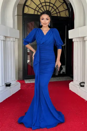 Glitter Fabric Fish Model Flounce Detailed Evening Dress - SAXE BLUE - 1