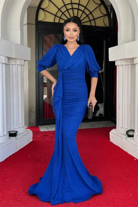 Glitter Fabric Fish Model Flounce Detailed Evening Dress - SAXE BLUE - 1