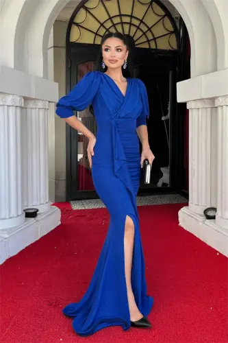 Glitter Fabric Fish Model Flounce Detailed Evening Dress - SAXE BLUE - BÜYÜKBEDENIZ (1)